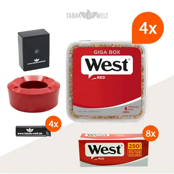 west-red-volumentabak-4x-giga-box-mit-2000-filterhuelsen-und-aschenbecher
