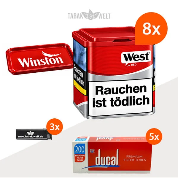 West Red Volumentabak 8 x Dose mit 1000 Hülsen und Stopftablett
