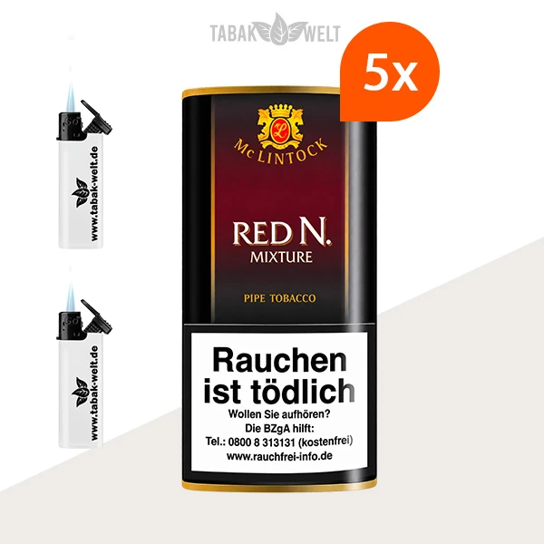 House of Smoke Red N. Nut Pfeifentabak – 5 x Pouch mit Feuerzeugen