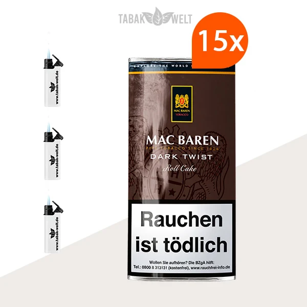Mac Baren Dark Twist Pfeifentabak 15-Pouch-Set mit Feuerzeugen