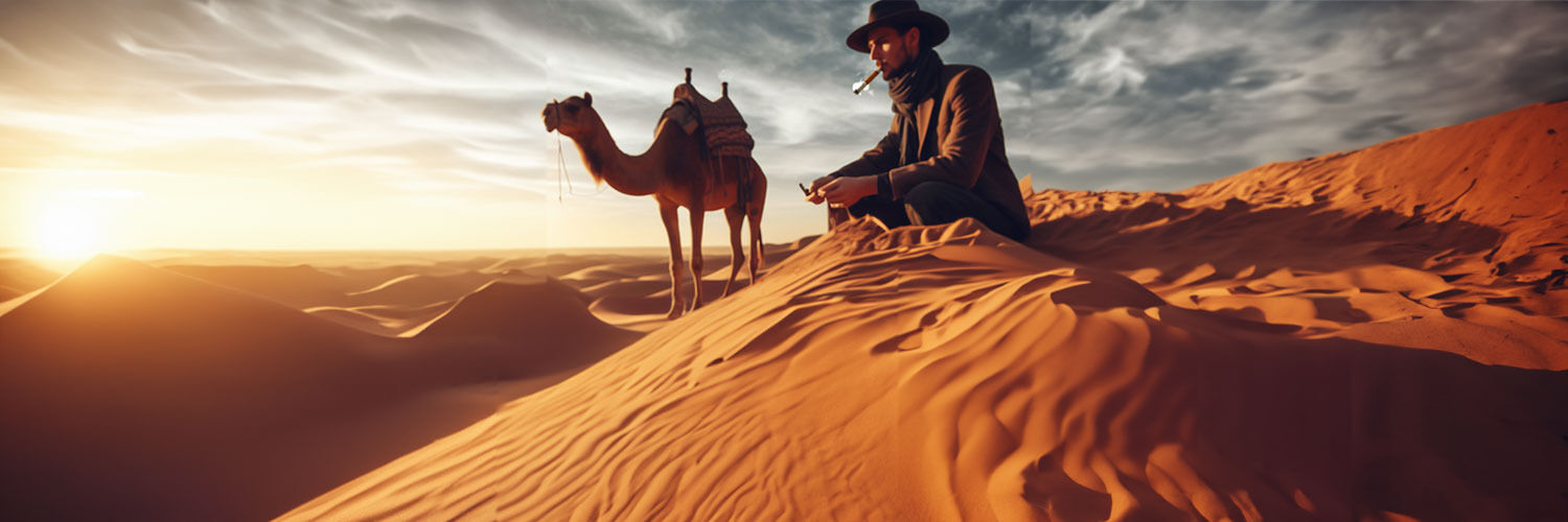 Rauchender Mann mit Kamel in der Wüste