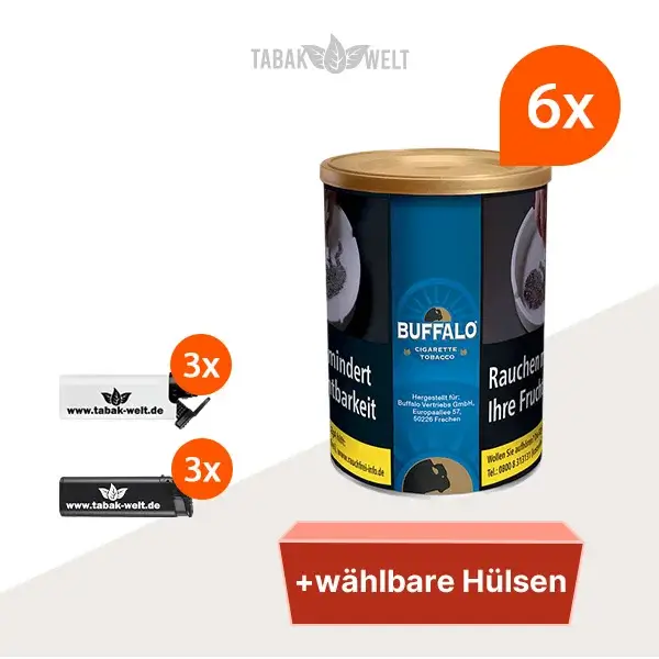 Buffalo Blau Feinschnitttabak 6x Dose mit wählbaren Hülsen Buffalo Blau Feinschnitttabak 6x Dose mit wählbaren Hülsen
