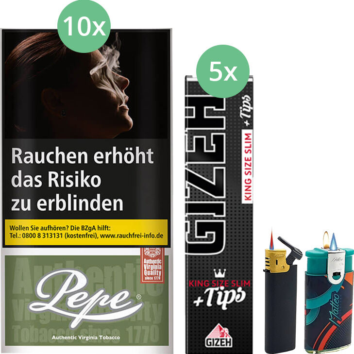 Pepe Rich Green 10 x 30g mit Gizeh Black Filter King Size Slim + Tips