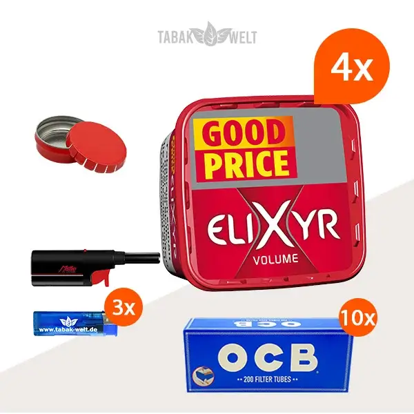 Elixyr Volumentabak Red 4 x Eimer mit 2000 OCB Hülsen und Stabfeuerzeug