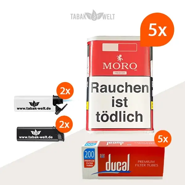 moro-red-feinschnitt-tabak-5x-dose-mit-1000-huelsen-und-feuerzeugen