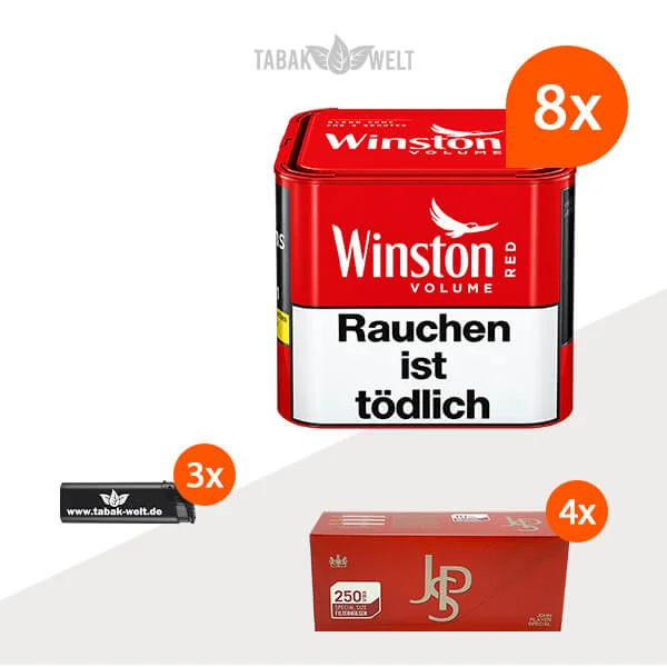 Winston Red Volumentabak S 8 x Dose mit 1000 Special Size Hülsen und Feuerzeugen