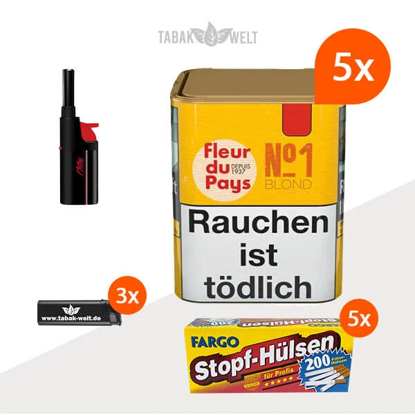 Fleur du Pays No. 1 Blond Drehtabak 5x Dose mit 1000 King Size Hülsen und Stabfeuerzeug