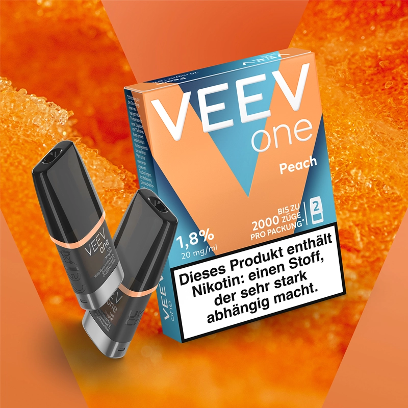 veev one pods peach multipack auf orangenem hintergrund mit zwei pods