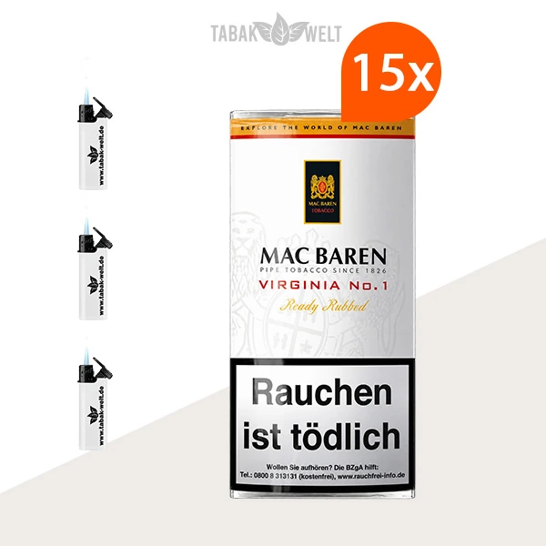 Mac Baren Virginia No. 1 Pfeifentabak – 15 Pouches mit Feuerzeugen