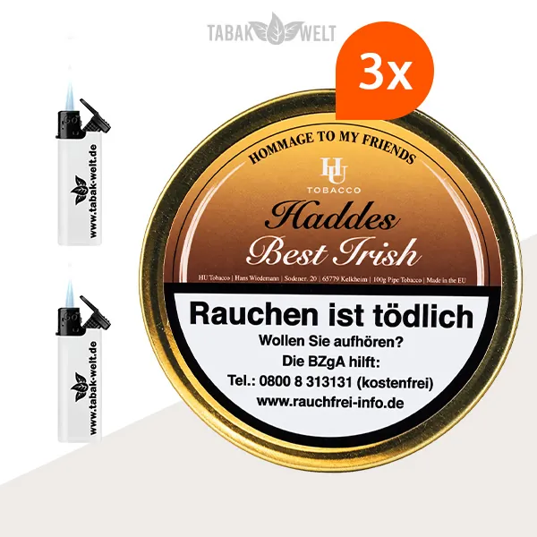 HU Tobacco Haddes Pfeifentabak 3 Dosen mit Feuerzeugen