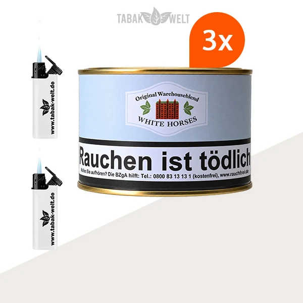 HU Tobacco White Horses Pfeifentabak 3x Dose mit Feuerzeugen