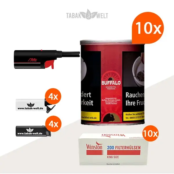 buffalo-red-feinschnitttabak-10x-dose-mit-2000-filterhuelsen-und-stabfeuerzeug buffalo-red-feinschnitttabak-10x-dose-mit-2000-filterhuelsen-und-stabfeuerzeug