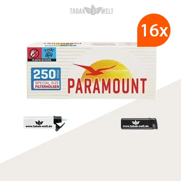 16x Paramount Special Size Filterhülsen 250er (4000 Stück) mit Feuerzeugen