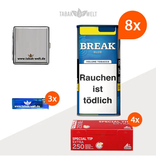 Break Blue Volumentabak 8x Dose mit Extra Size Hülsen und Metall Etui 