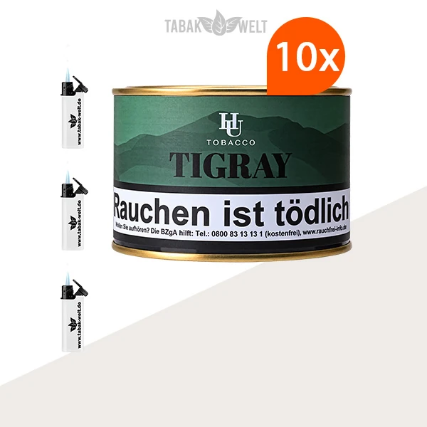 HU Tobacco Tigray Pfeifentabak 10 Dosen mit Feuerzeugen