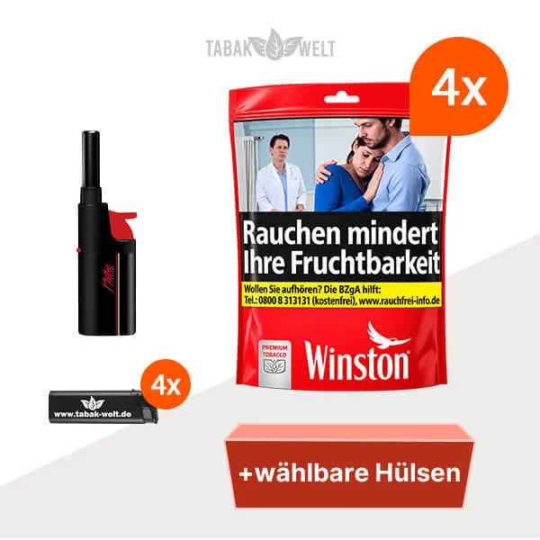 Winston Tabak Red XXL – 4 Beutel mit wählbaren Filterhülsen und BBQ-Feuerzeugen