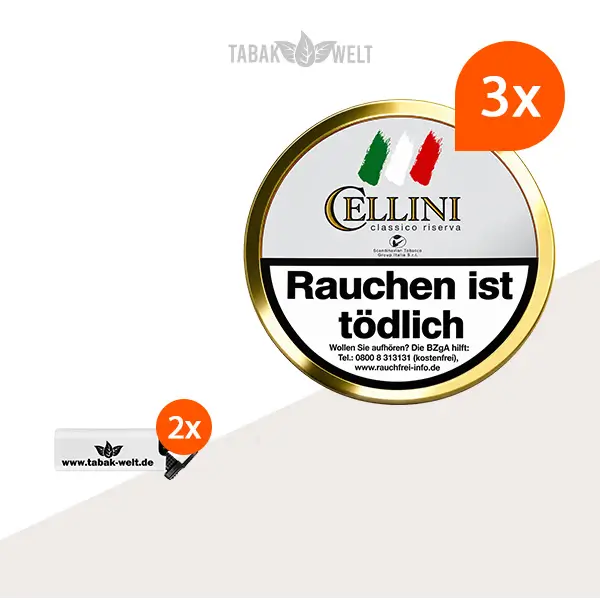 Drei Dosen Cellini Classico Pfeifentabak mit Feuerzeugen im Set