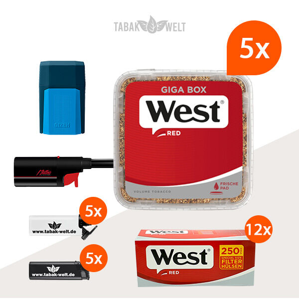 West Red Volumentabak 5x Giga Box mit 3000 Special Size Hülsen 