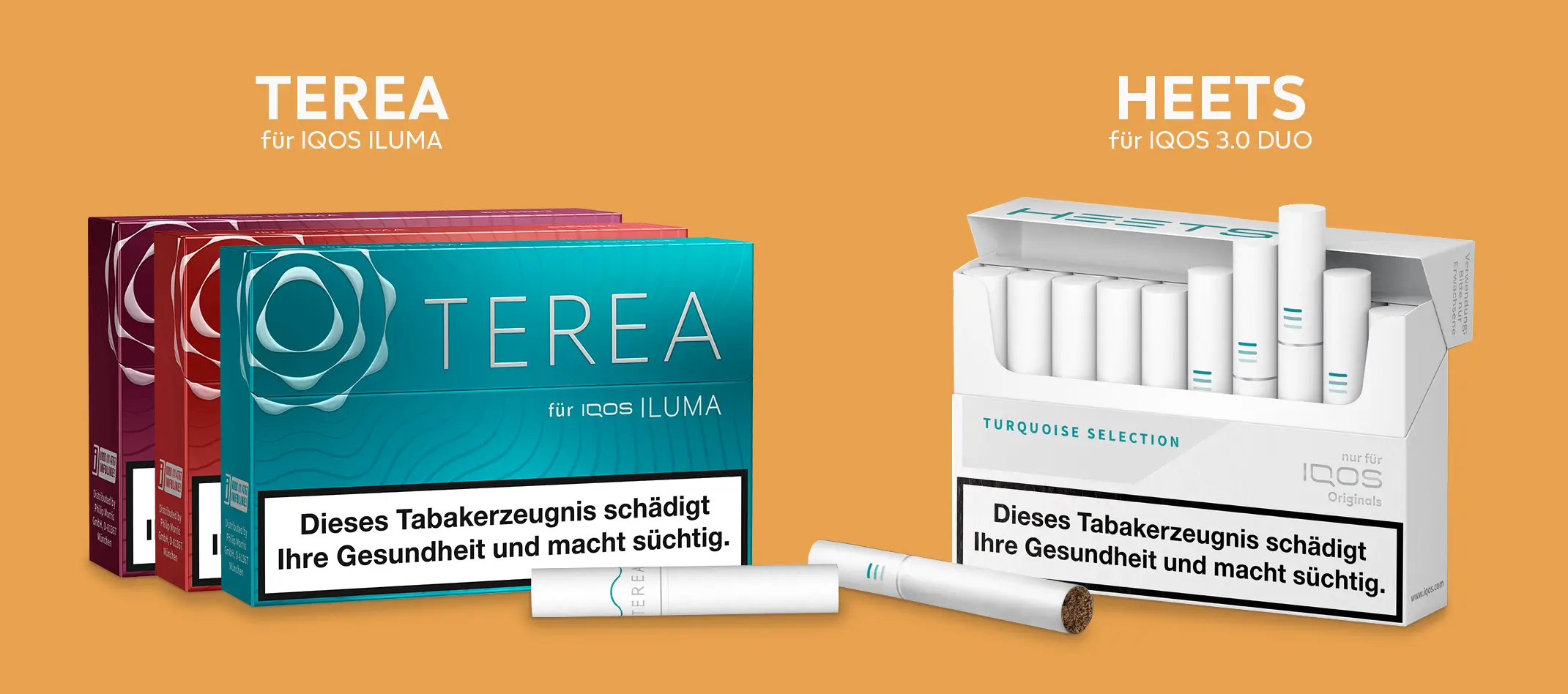 Die Terea und Heets Tabakerhitzersticks vor orangenem Hintergrund 
