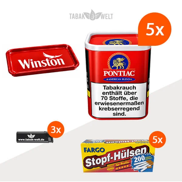 Pontiac American Blend Tabak 5x Dose mit 1000 King Size Hülsen und Stopftablett