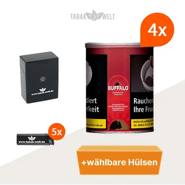Buffalo Red Feinschnitttabak 4x Dose mit wĂ€hlbaren HĂŒlsen und Etui buffalo-red-feinschnitttabak-4x-dose-mit-waehlbaren-huelsen-und-etui