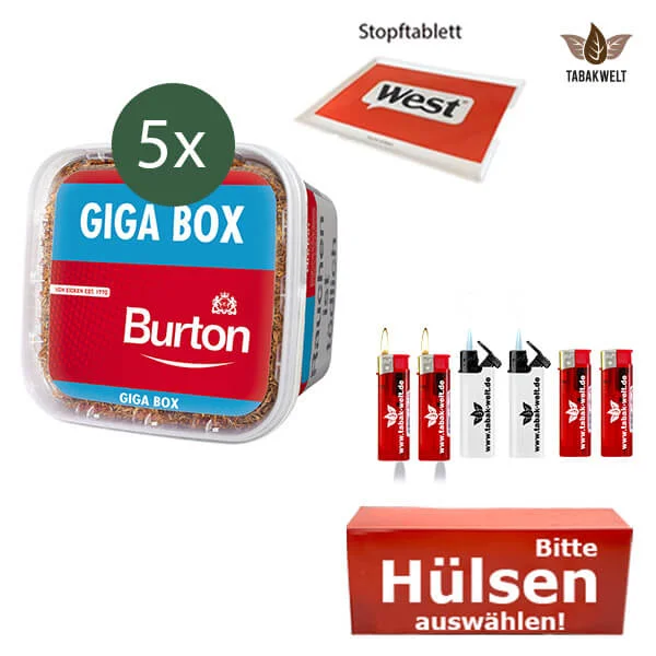 Burton Volumentabak Red 5 x Giga Box mit wählbaren Hülsen und Sportflasche