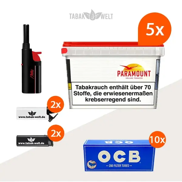 paramount-volumentabak-5x-mega-box-mit-2000-huelsen-und-stabfeuerzeug