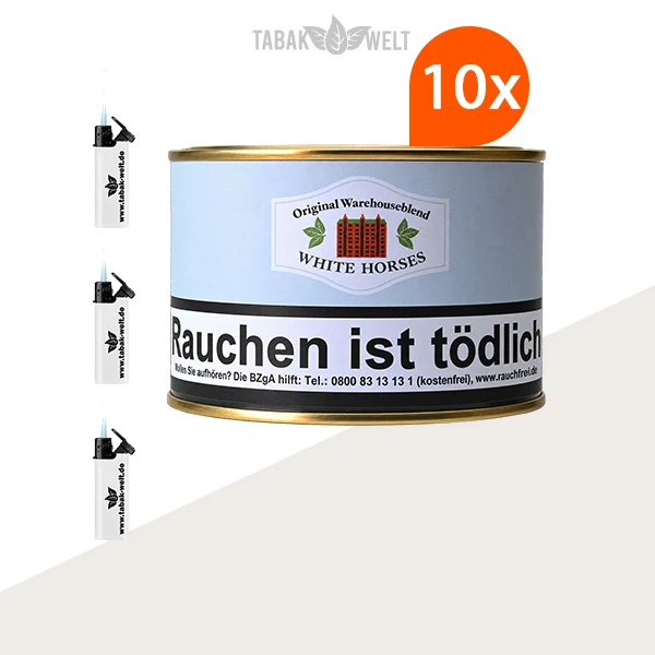 HU Tobacco White Horses Pfeifentabak 10x Dose mit Feuerzeugen