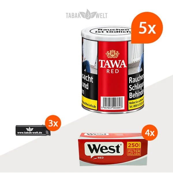 Tawa Red Feinschnitt Tabak – 5 Dosen mit 1000 Special-Size-Filterhülsen
