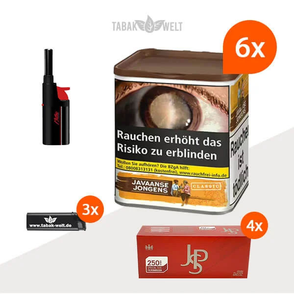 javaanse-jongens-classic-drehtabak-6x-dose-mit-1000-special-size-huelsen-und-stabfeuerzeug