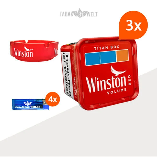Winston Red Volumentabak 3x Titan Box mit Glas Aschenbecher Winston Red Volumentabak 3x Titan Box mit Glas Aschenbecher