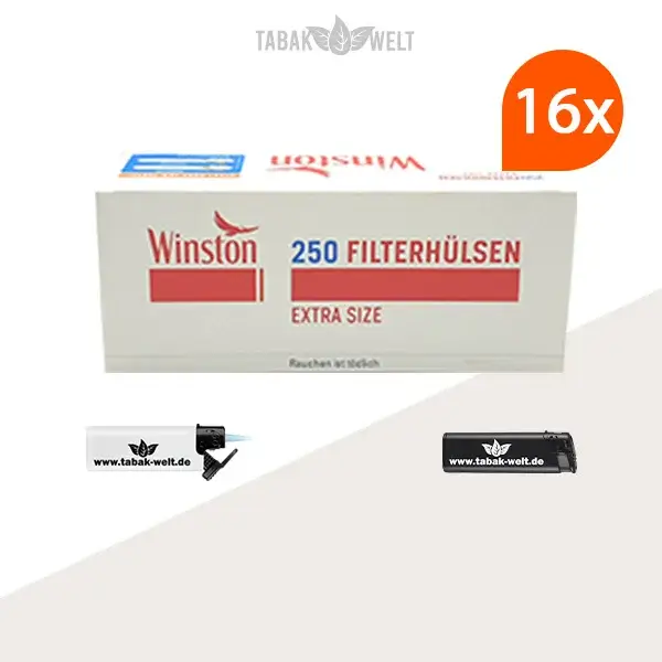 16x Winston Extra Size Filterhülsen 250er (4000 Stück) mit Feuerzeugen