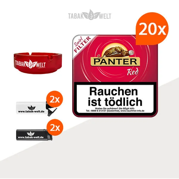 20X Panter Swirl Red Filter 20er Zigarillos mit Feuerzeuge und Glas Aschenbecher