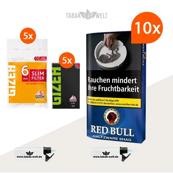 Red Bull Halfzware Shag Feinschnitt-Tabak 10x Pouch mit Blättchen