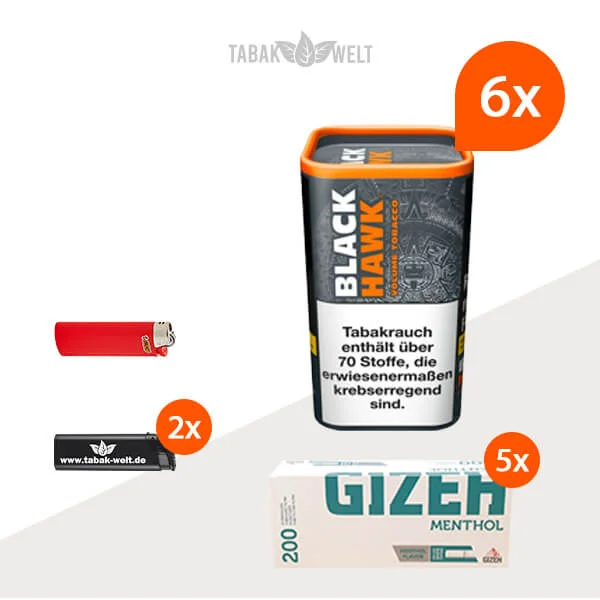 Black Hawk Volumentabak 6x Dose mit 1000 Menthol Hülsen Black Hawk Volumentabak 6x Dose mit 1000 Menthol Hülsen