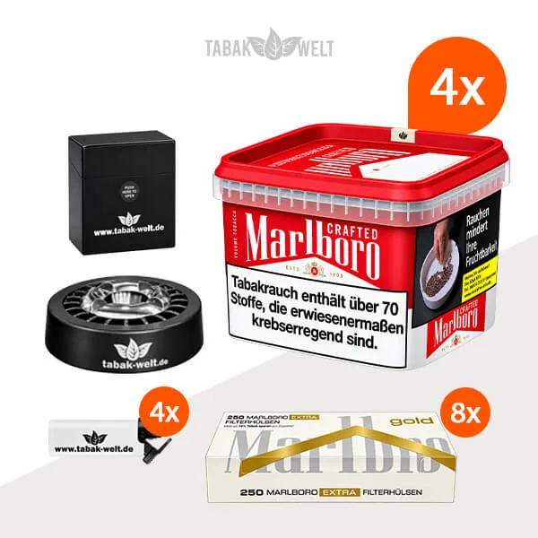 Marlboro Volumentabak 4x Eimer mit 2000 Extra Gold Filterhülsen und Roulette Aschenbecher