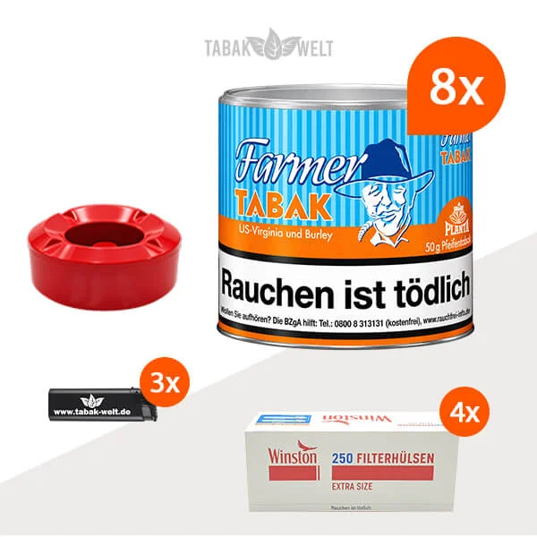 Farmer Orange Pfeifentabak Virginia und Burley, 8 Dosen mit 1000 Extra-Size-Zigarettenhülsen