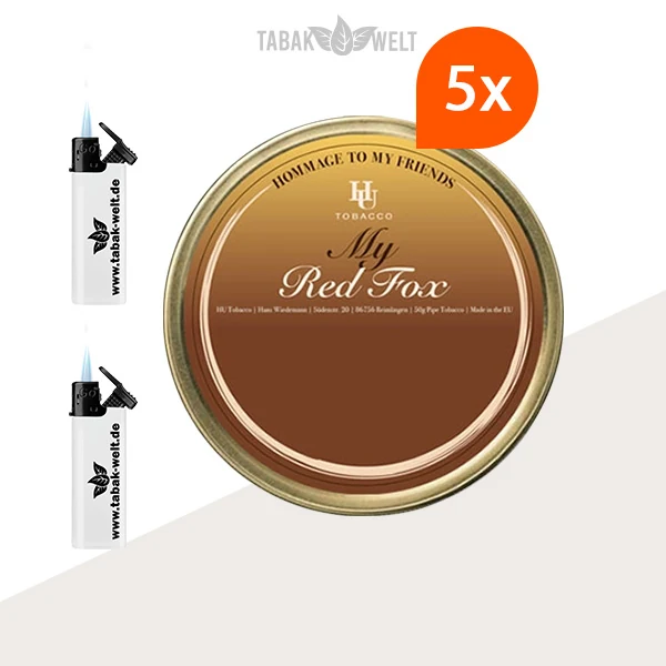 HU Tobacco Red Fox Pfeifentabak – 5 Dosen mit Feuerzeugen