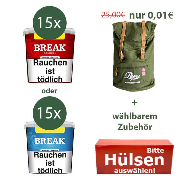 15x Break Giga Box Volumentabak und wählbaren Tabak + Rucksack (0,01€)