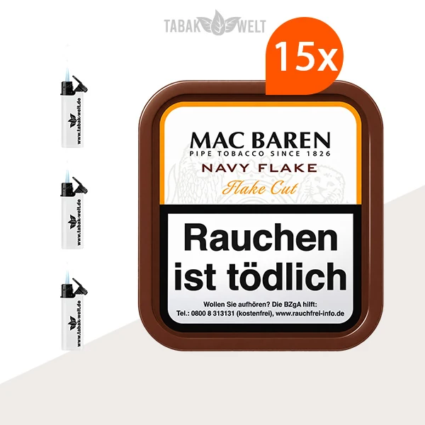 Mac Baren Navy Flake Pfeifentabak – 15x Pouch mit Feuerzeugen