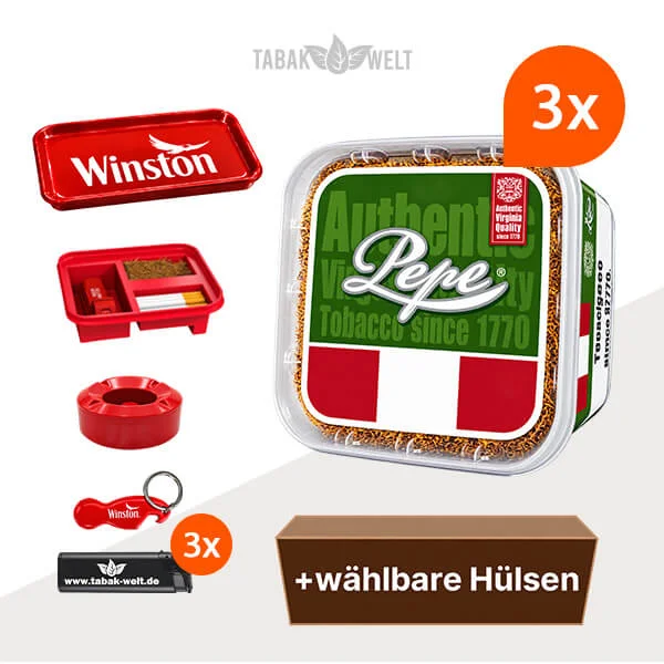 Pepe Rich Green Volumentabak im 3er-Pack Eimer mit wählbaren Hülsen und Aktionszubehör