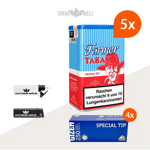 Farmer Rot Pfeifentabak 5x Dose mit 1000 Special Tip Hülsen