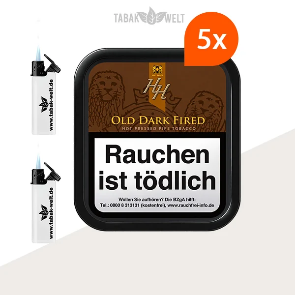 HH Old Dark Fired Pfeifentabak – 5 Dosen mit Feuerzeugen im Set