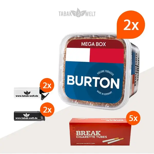 Burton Blue Volumentabak 2x Mega Box mit 1000 Hülsen und Sturmfeuerzeugen