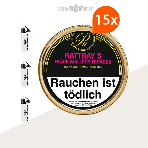 Rattray’s British Selection Black Mallory Pfeifentabak, 15er-Box mit Feuerzeugen