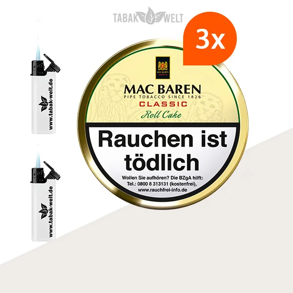 Mac Baren Classic Roll Cake Pfeifentabak 3er-Dosen-Set mit Feuerzeugen