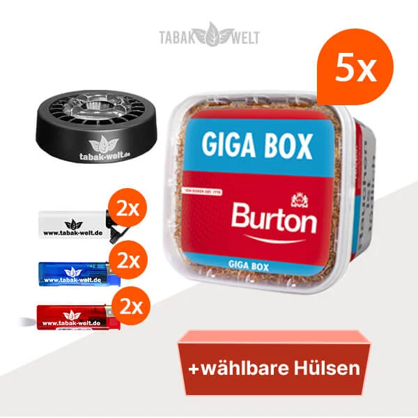 Burton Volumentabak Red 5 x Giga Box mit wählbaren Hülsen und Aschenbecher 