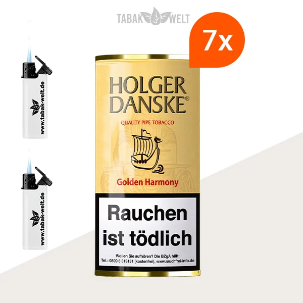 Holger Danske Golden Harmony Pfeifentabak – 7 Pouches mit Feuerzeugen im Set