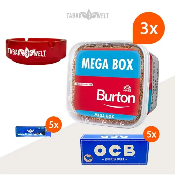 burton-red-volumentabak-3x-mega-box-mit-1000-king-size-huelsen-und-glas-aschenbecher