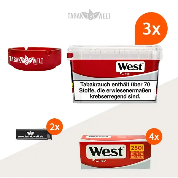 west-red-volumentabak-3x-mega-box-mit-1000-special-size-huelsen-und-glas-aschenbecher
